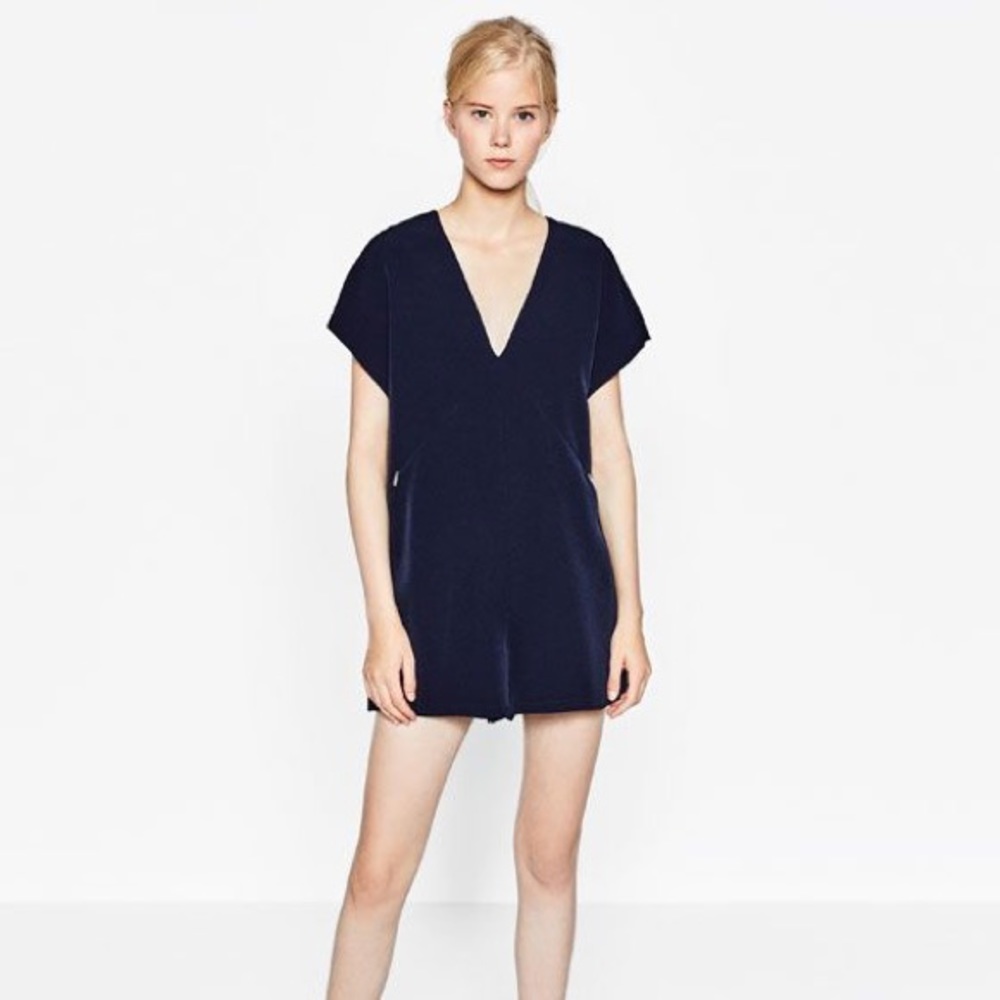 Zara V-Neck Zipper Romper Navy Blue XS